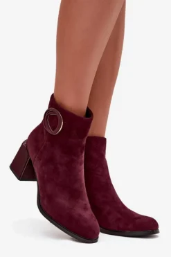 New Artiker Zamszowe Botki Na Słupku Ocieplane Z Ozdobnym Detalem 57C0016 Bordowe Czerwony