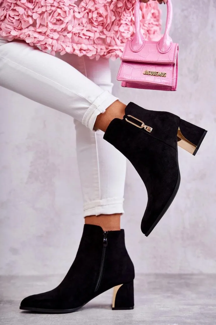 Boto Botki Na Słupku|Czarne Botki*Zamszowe Botki Na Słupku Z Ozdobą Czarne Erine