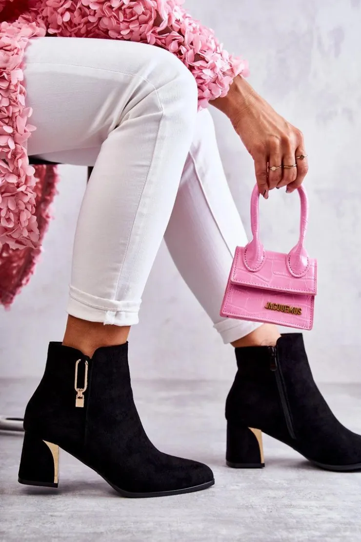 Boto Botki Na Słupku|Czarne Botki*Zamszowe Botki Na Słupku Z Ozdobą Czarne Erine