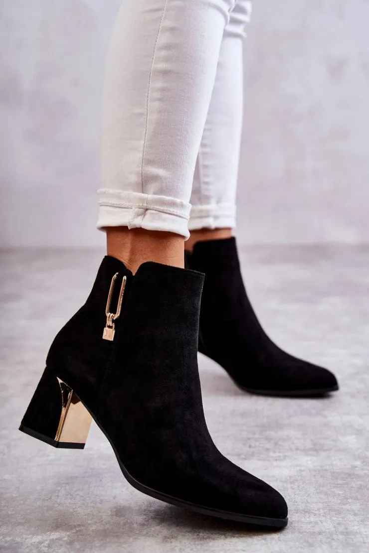 Boto Botki Na Słupku|Czarne Botki*Zamszowe Botki Na Słupku Z Ozdobą Czarne Erine