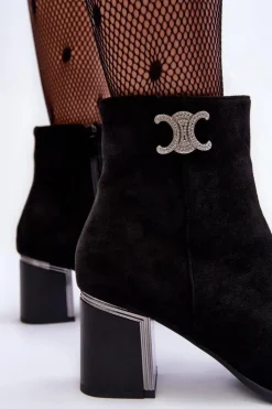 Boto Czarne Botki|Brązowe I Beżowe Botki*Zamszowe Botki Na Słupku Z Ozdobą Czarne Dwinja