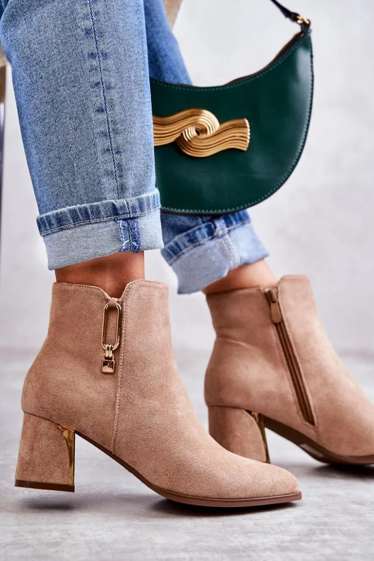 Discount Boto Zamszowe Botki Na Słupku Z Ozdobą Beżowe Erine