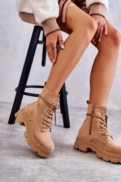 Damskie Boto Zamszowe Botki Na Suwak Camel Marley