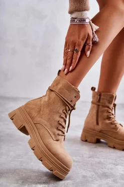 Damskie Boto Zamszowe Botki Na Suwak Camel Marley