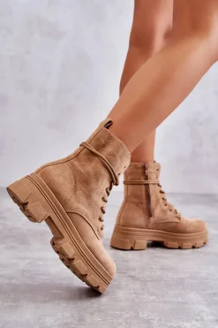 Damskie Boto Zamszowe Botki Na Suwak Camel Marley
