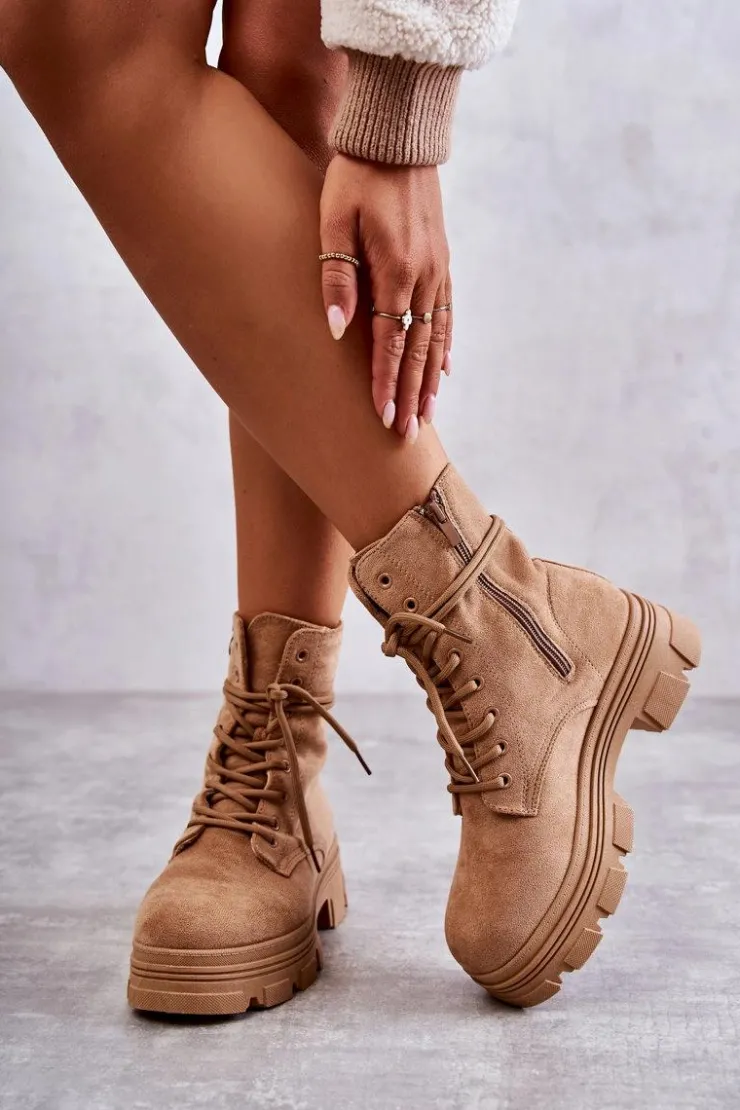 Damskie Boto Zamszowe Botki Na Suwak Camel Marley