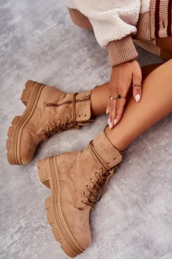 Damskie Boto Zamszowe Botki Na Suwak Camel Marley