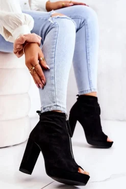 Damskie Boto Zamszowe Botki Na Suwak Czarne Donnita