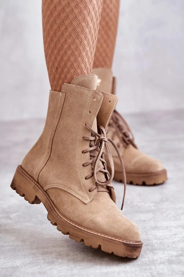 Boto Botki Wiosenne|Botki Sznurowane*Zamszowe Botki Na Suwak Nicole 2754 Beżowe