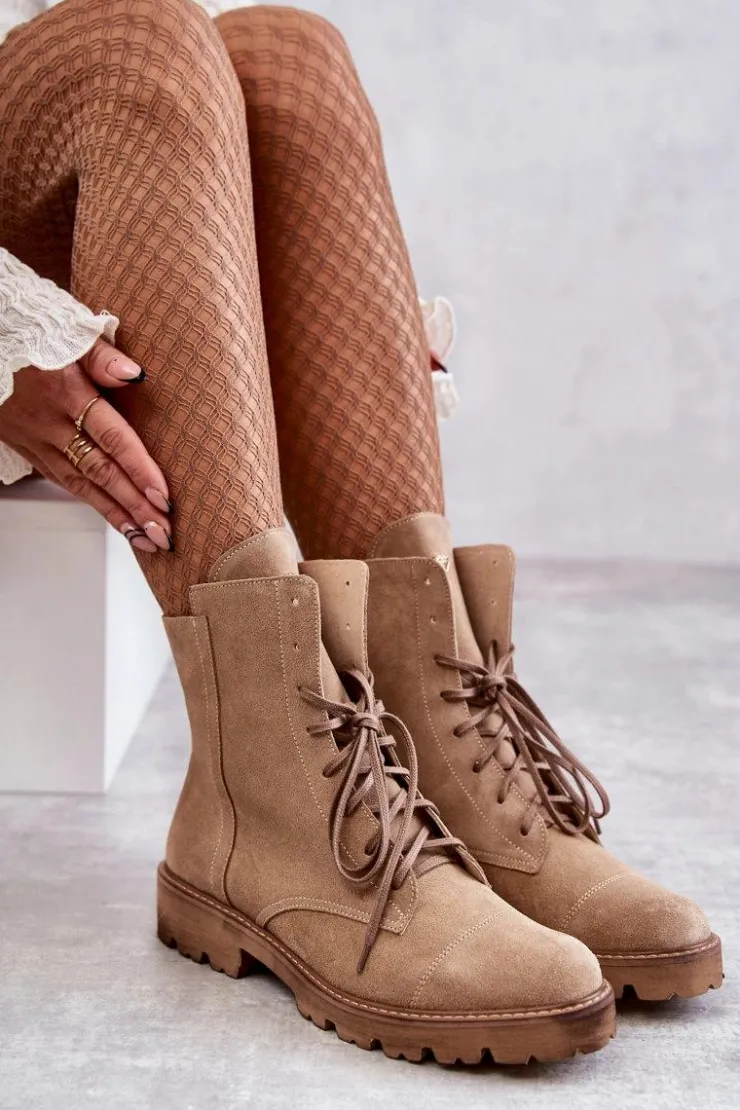 Boto Botki Wiosenne|Botki Sznurowane*Zamszowe Botki Na Suwak Nicole 2754 Beżowe