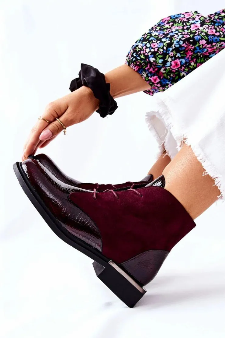 Buty Sergio Leone Czarne Botki|Botki Zimowe Damskie*Zamszowe Botki Ocieplane Sergio Leone BT401 Bordowe