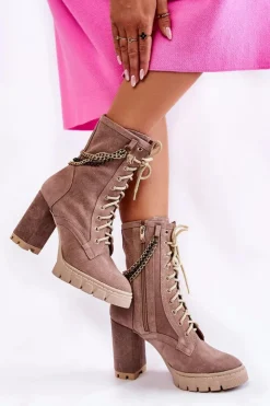 Hot Boto Zamszowe Botki Sznurowane Lewski Shoes 3244/G Beżowe Beżowy