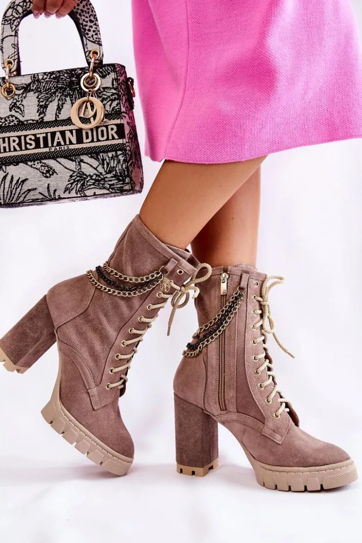 Hot Boto Zamszowe Botki Sznurowane Lewski Shoes 3244/G Beżowe Beżowy