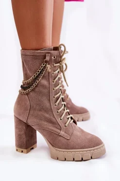 Hot Boto Zamszowe Botki Sznurowane Lewski Shoes 3244/G Beżowe Beżowy