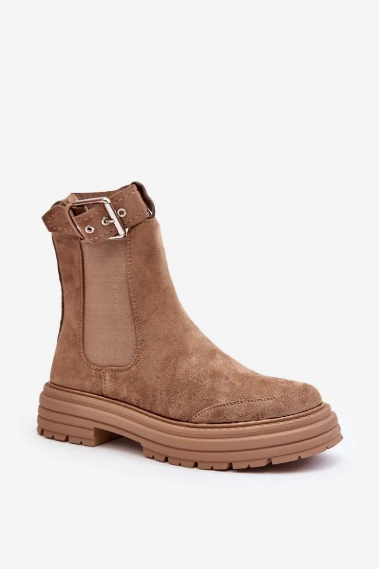 Discount Boto Zamszowe Botki Sztyblety Na Masywnej Podeszwie Beżowe Ozaro