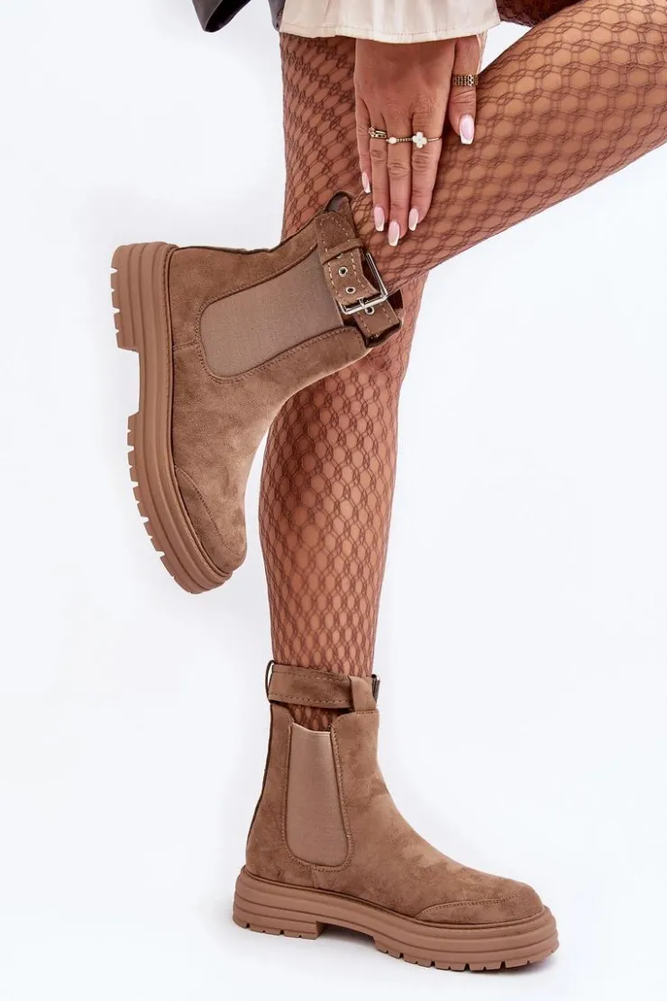 Discount Boto Zamszowe Botki Sztyblety Na Masywnej Podeszwie Beżowe Ozaro