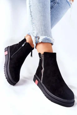 Damskie Boto Zamszowe Botki Sztyblety Na Platformie Czarne Nessa