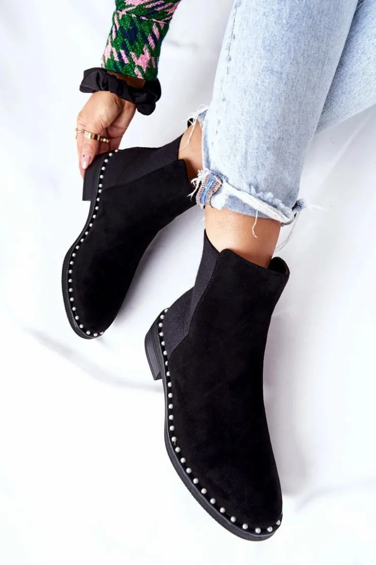 New Boto Zamszowe Botki Sztyblety Z Perełkami Czarne Jilanna