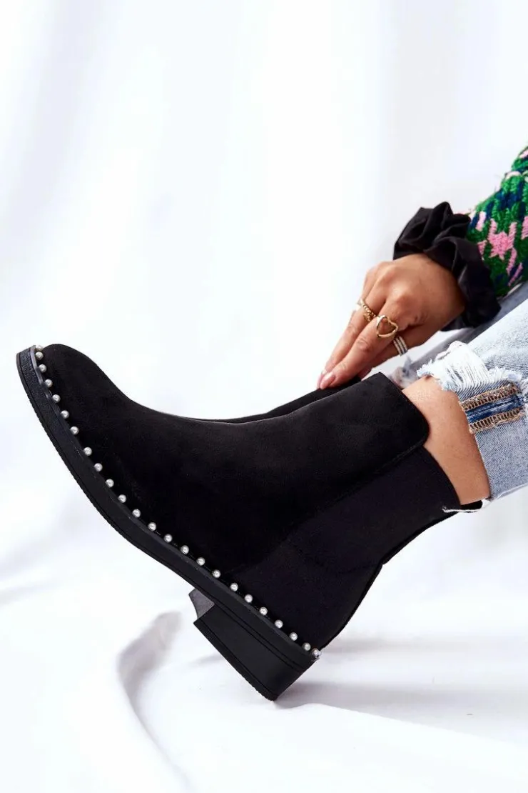 New Boto Zamszowe Botki Sztyblety Z Perełkami Czarne Jilanna