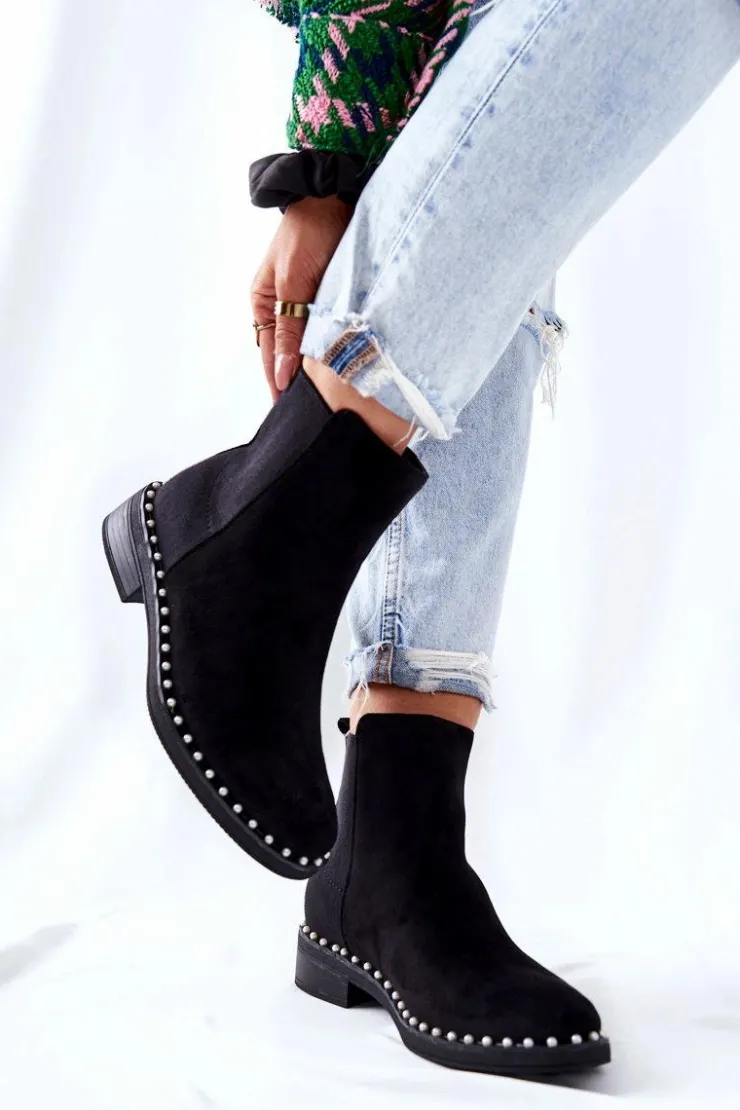 New Boto Zamszowe Botki Sztyblety Z Perełkami Czarne Jilanna