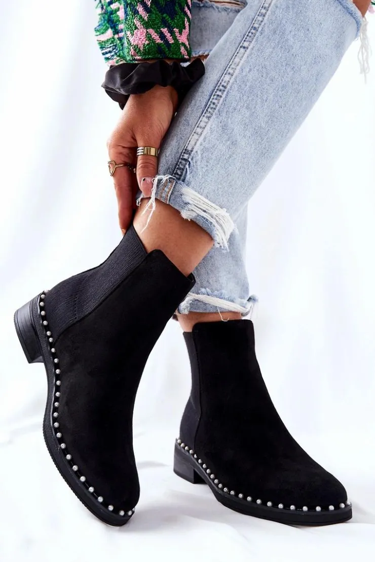 New Boto Zamszowe Botki Sztyblety Z Perełkami Czarne Jilanna