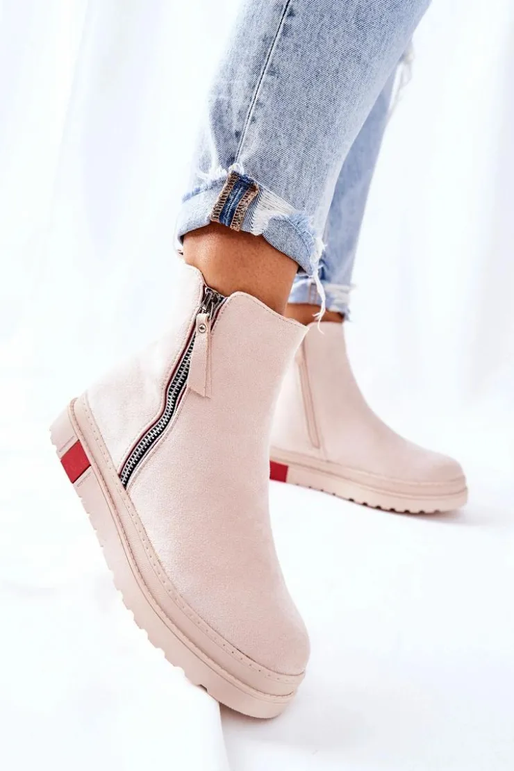 Damskie Boto Zamszowe Botki Sztyblety Na Platformie Beżowe Nessa
