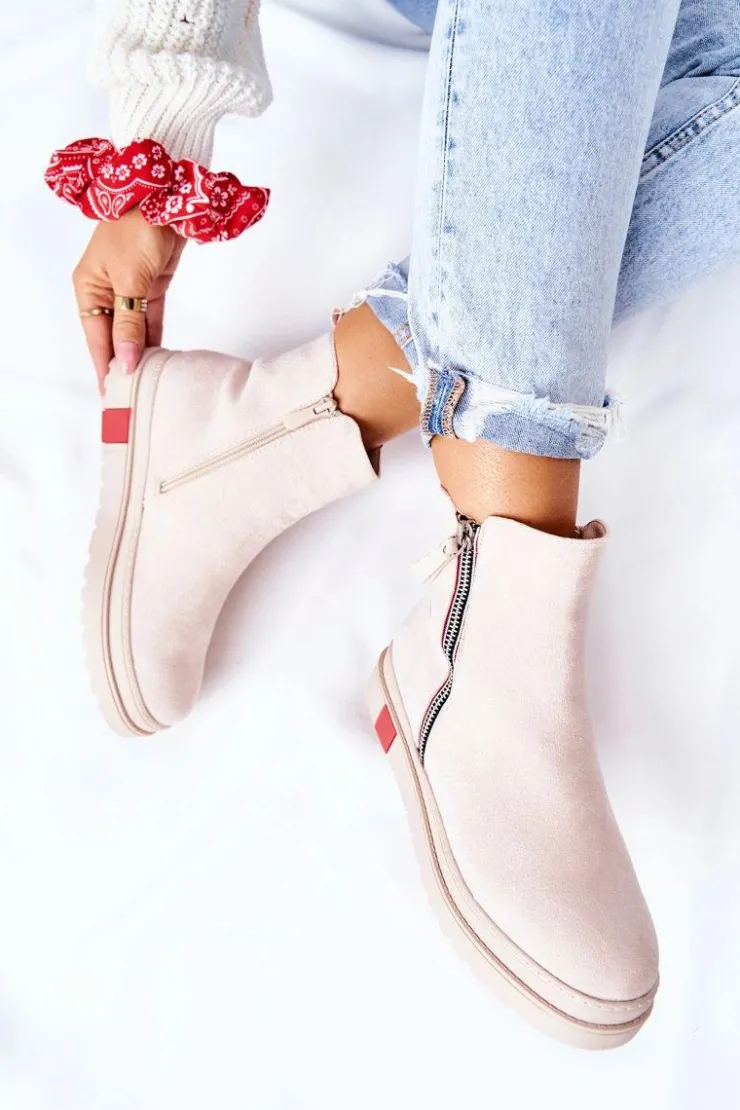 Damskie Boto Zamszowe Botki Sztyblety Na Platformie Beżowe Nessa