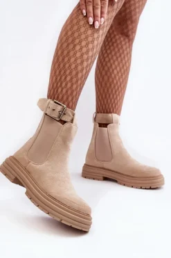 Clearance Boto Zamszowe Botki Sztyblety Na Masywnej Podeszwie Jasnobeżowe Ozaro Beżowy