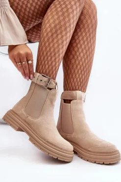 Clearance Boto Zamszowe Botki Sztyblety Na Masywnej Podeszwie Jasnobeżowe Ozaro Beżowy