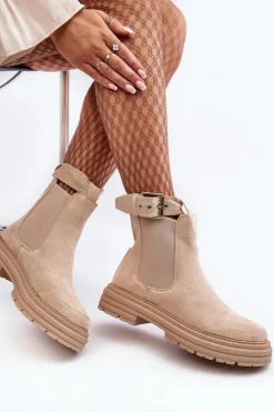 Clearance Boto Zamszowe Botki Sztyblety Na Masywnej Podeszwie Jasnobeżowe Ozaro Beżowy