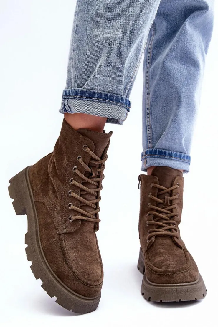 Boto Damskie Trapery|Botki Sznurowane*Zamszowe Botki Trapery Ocieplane Na Płaskim Obcasie Ciemnozielone Zikey