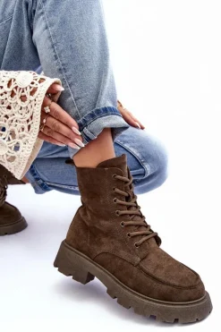 Boto Damskie Trapery|Botki Sznurowane*Zamszowe Botki Trapery Ocieplane Na Płaskim Obcasie Ciemnozielone Zikey