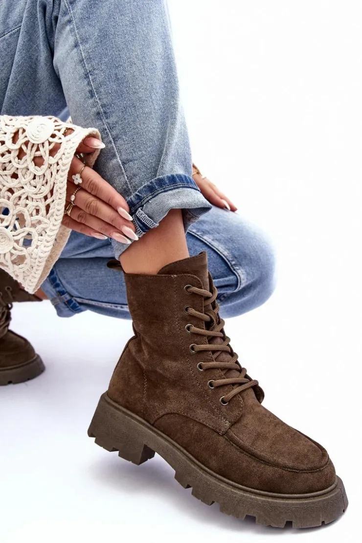 Boto Damskie Trapery|Botki Sznurowane*Zamszowe Botki Trapery Ocieplane Na Płaskim Obcasie Ciemnozielone Zikey