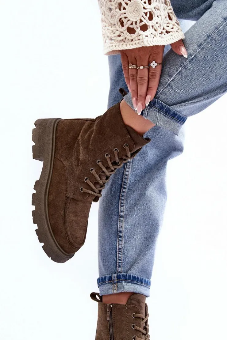 Boto Damskie Trapery|Botki Sznurowane*Zamszowe Botki Trapery Ocieplane Na Płaskim Obcasie Ciemnozielone Zikey