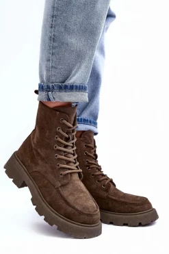 Boto Damskie Trapery|Botki Sznurowane*Zamszowe Botki Trapery Ocieplane Na Płaskim Obcasie Ciemnozielone Zikey