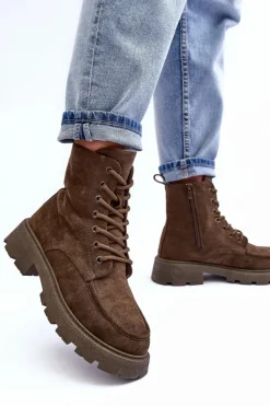 Boto Damskie Trapery|Botki Sznurowane*Zamszowe Botki Trapery Ocieplane Na Płaskim Obcasie Ciemnozielone Zikey