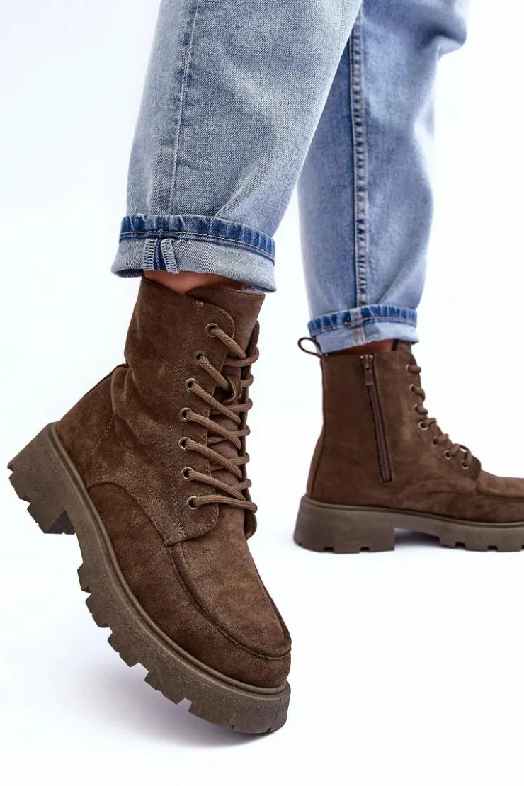 Boto Damskie Trapery|Botki Sznurowane*Zamszowe Botki Trapery Ocieplane Na Płaskim Obcasie Ciemnozielone Zikey