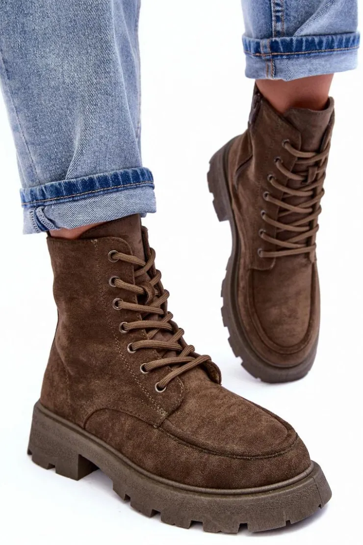 Boto Damskie Trapery|Botki Sznurowane*Zamszowe Botki Trapery Ocieplane Na Płaskim Obcasie Ciemnozielone Zikey