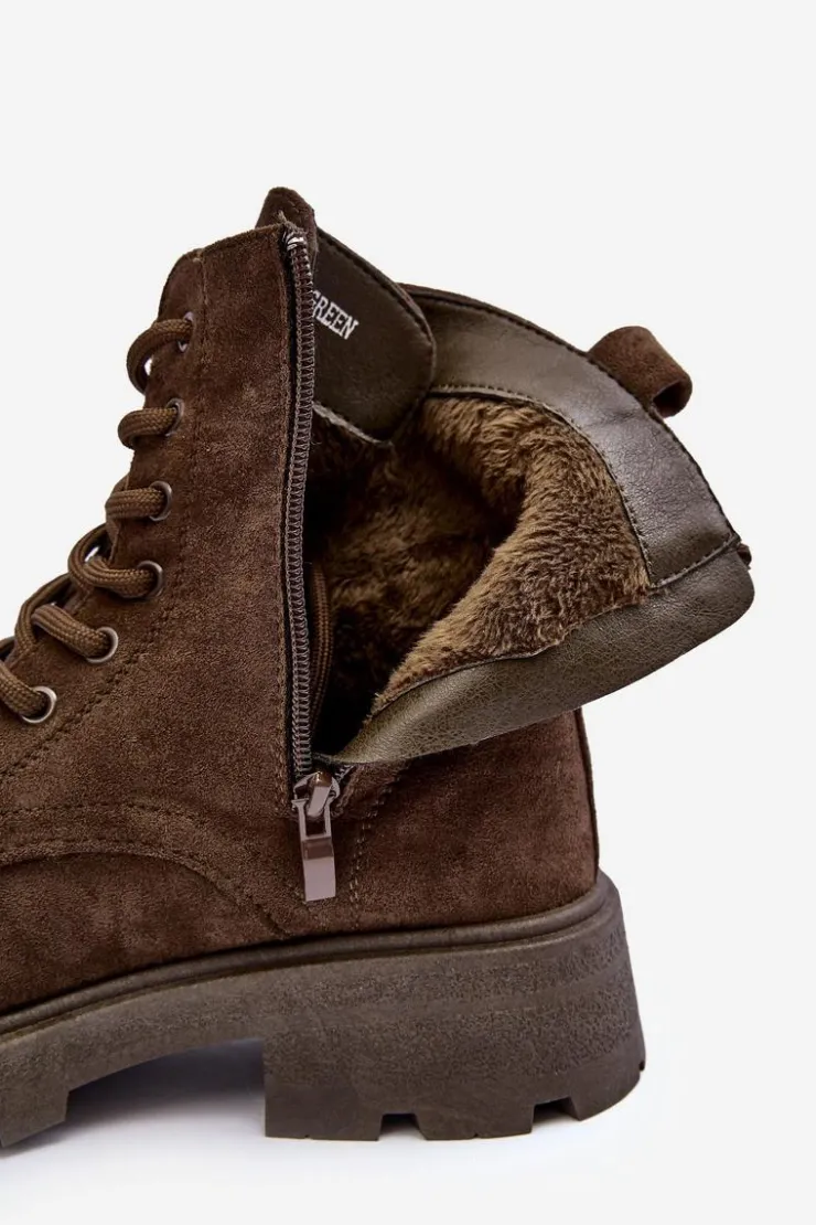 Boto Damskie Trapery|Botki Sznurowane*Zamszowe Botki Trapery Ocieplane Na Płaskim Obcasie Ciemnozielone Zikey