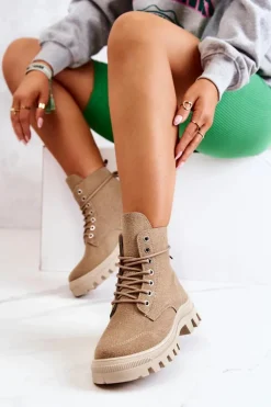 Damskie Boto Zamszowe Botki Trapery Wiązane Ciemnobeżowe Hurricane