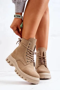 Damskie Boto Zamszowe Botki Trapery Wiązane Ciemnobeżowe Hurricane