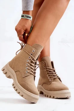 Damskie Boto Zamszowe Botki Trapery Wiązane Ciemnobeżowe Hurricane