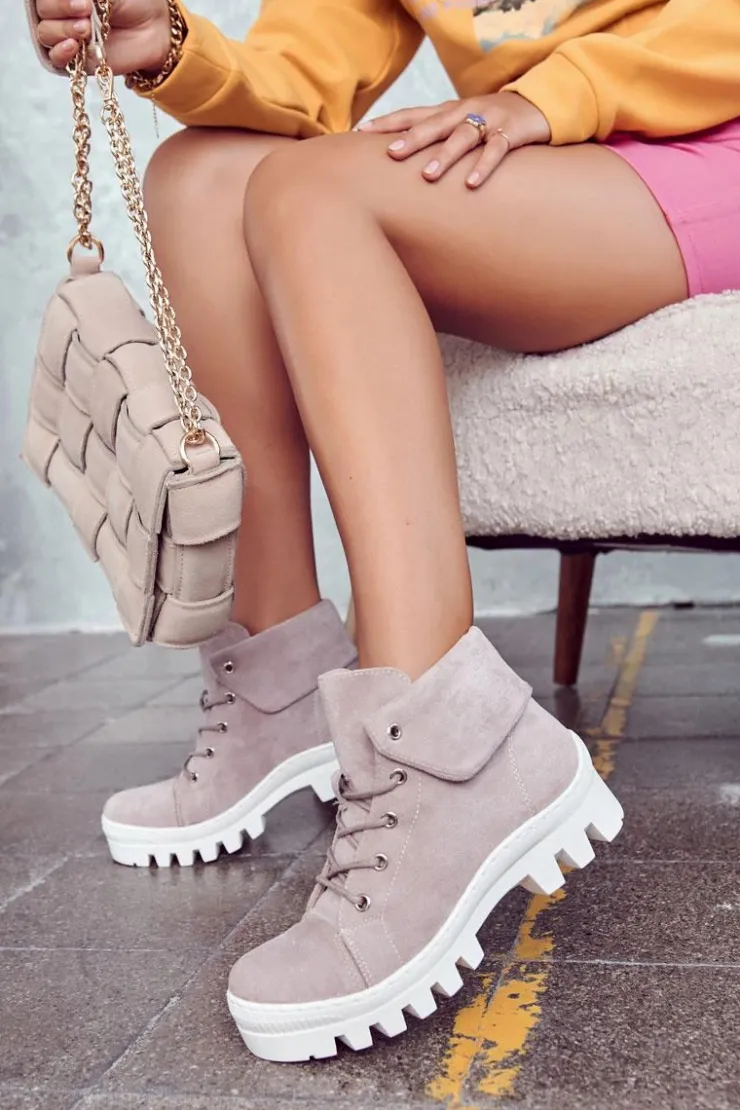 Damskie Damskie buty S.Barski Zamszowe Botki Trapery Wiązane Jasnofioletowe Dalles