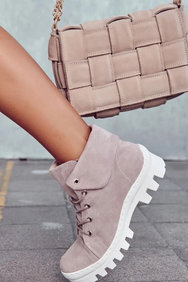 Damskie Damskie buty S.Barski Zamszowe Botki Trapery Wiązane Jasnofioletowe Dalles