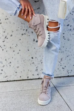 Damskie Damskie buty S.Barski Zamszowe Botki Trapery Wiązane Jasnofioletowe Dalles