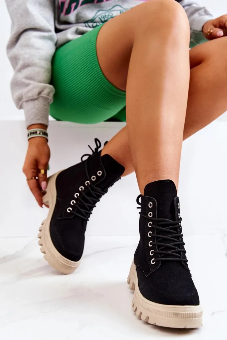 Clearance Boto Zamszowe Botki Trapery Wiązane Czarne Hurricane