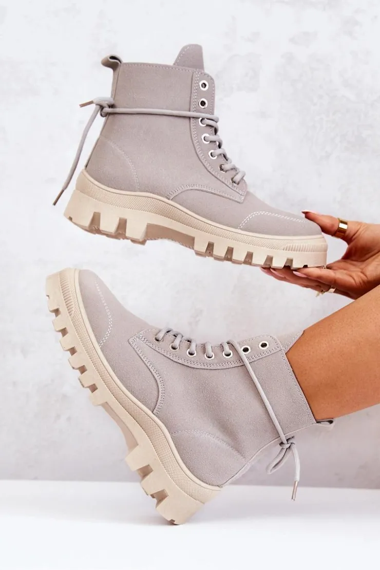 Boto Damskie Trapery|Botki Sznurowane*Zamszowe Botki Trapery Wiązane Szare Hurricane
