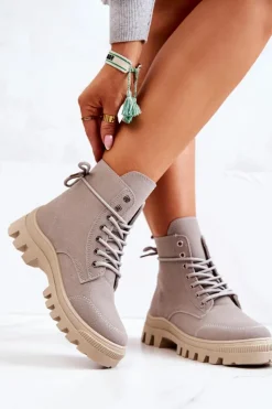 Boto Damskie Trapery|Botki Sznurowane*Zamszowe Botki Trapery Wiązane Szare Hurricane