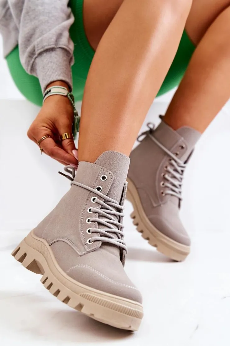 Boto Damskie Trapery|Botki Sznurowane*Zamszowe Botki Trapery Wiązane Szare Hurricane