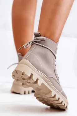 Boto Damskie Trapery|Botki Sznurowane*Zamszowe Botki Trapery Wiązane Szare Hurricane